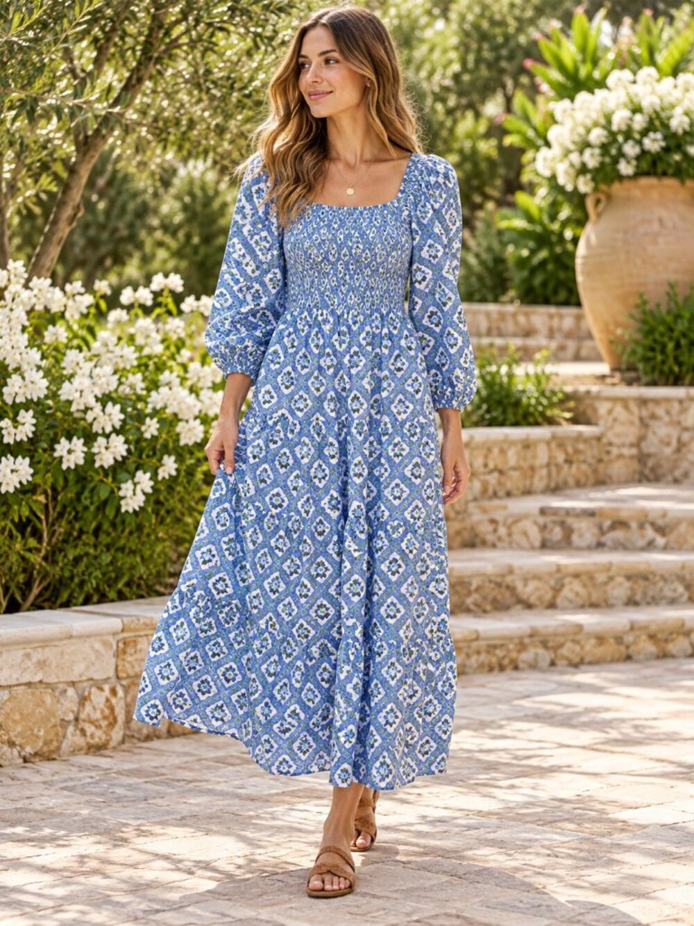 Pink City Prints Xs Smocked Maxi Dress Blue Green Floral 100% Cotton